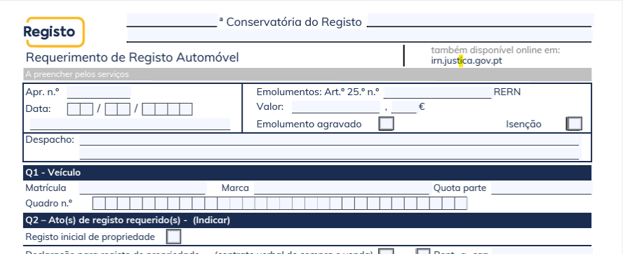 Requerimento de Registo Automóvel